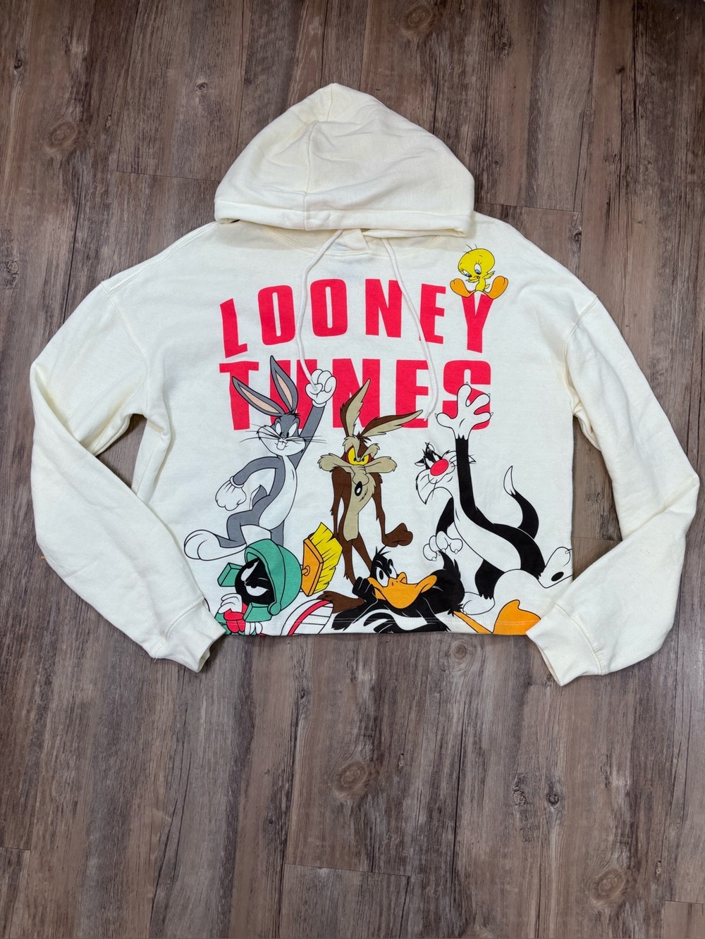 Warner Bros Looney Tunes Graphic Cropped Hoodie Cream Red Medium Sweatshirt